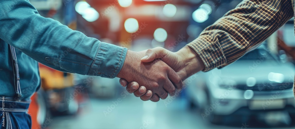 Poster close up of mechanic and maintenance engineer shaking hands at car workshop. copy space image. place