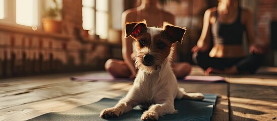woman holding dog in yoga class. Copy space image. Place for adding text - obrazy, fototapety, plakaty