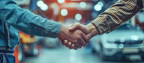 Close up of mechanic and maintenance engineer shaking hands at car workshop. Copy space image....