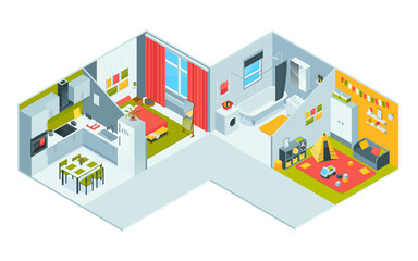Isometric cartoon houses room composition