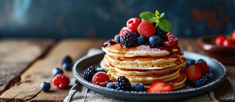 Pancakes with berries for kids. Copy space image. Place for adding text