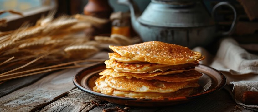 Staple of yeast pancakes traditional for Russian pancake week Shrove tide. Copy space image. Place for adding text