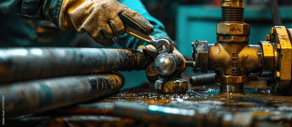 Poster professional plumber connects the high pressure hose with a wrench to the brass fittings working env