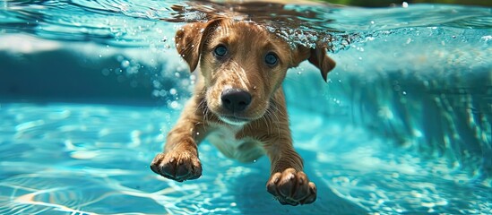 Underwater photo of golden labrador retriever puppy in outdoor swimming pool play with fun jumping and diving deep down Activities and games with family pets and popular dog on summer holiday - obrazy, fototapety, plakaty