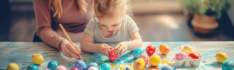 Happy child with mother painting eggs indoors. Easter concept.