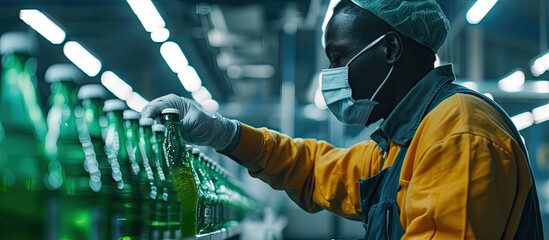 African male factory worker wearing medical mask picking up green juice bottle or basil seed drink for checking quality in beverage factory. Copy space image. Place for adding text