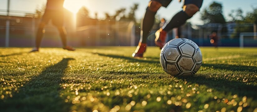 Young boys in youth soccer club playing football tennis training game Teenage soccer players playing football tennis on training session Teenagers practicing soccer on grass pitch. Copy space image