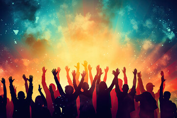 Diverse group of people celebrating with their hands in the air