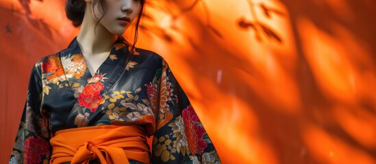 Teenage girl dressed kimono with orange belt. Copy space image. Place for adding text