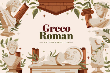Hand drawn flat greco roman background with antique greek sculptures