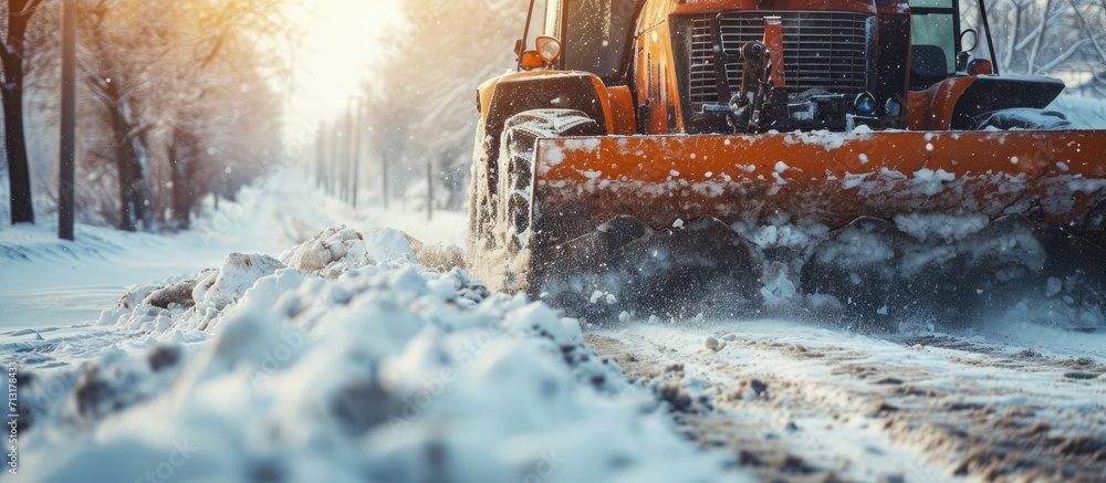 Poster tractor clears snow removal after snowfall blizzards clearing. copy space image. place for adding te