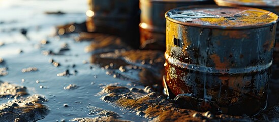 A pile of oil filters and containers spilling on everything Where is your oil going. Copy space image. Place for adding text - obrazy, fototapety, plakaty