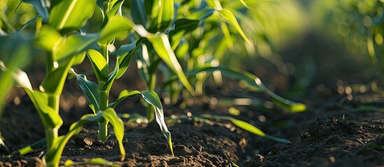 Fototapeta premium Young corn plants in a corn field close up green leaves stem Agriculture concept. Copy space image. Place for adding text