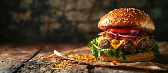 Beef Burger with crispy motzarilla cheese. Copy space image. Place for adding text