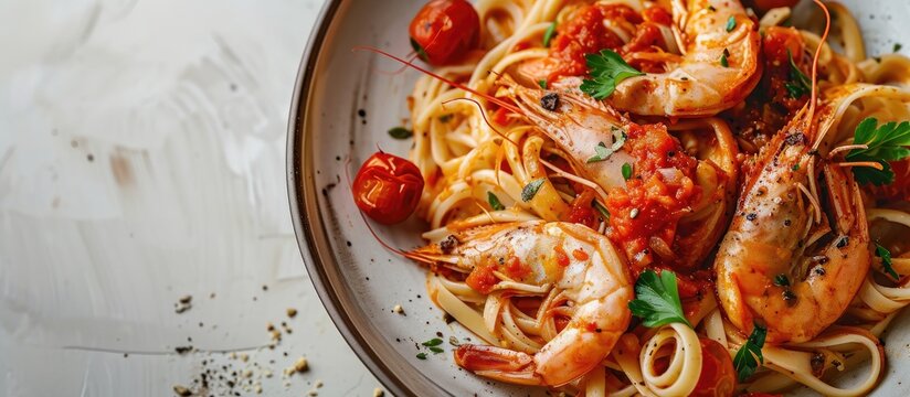 Linguine pasta with prawns in tomato and garlic sauce. Copy space image. Place for adding text