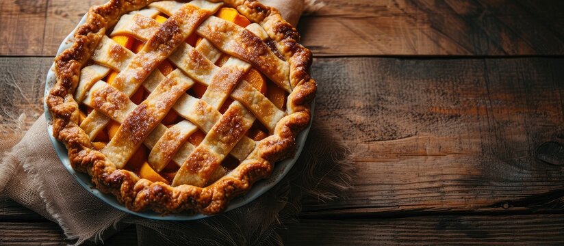 Closeup homemade pie with peaches on wooden table Top view. Copy space image. Place for adding text