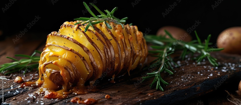 Poster baked hasselback potato with cheddar cheese and rosemary. copy space image. place for adding text