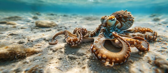 Common Sydney Octopus Octopus tetricus curled up on the sea floor. Copy space image. Place for...