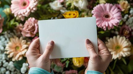 Hands tenderly holding a blank card poised for a romantic message, framed by a bouquet of vivid Valentine's blooms