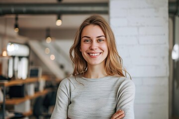 Obraz premium Portrait of young smiling woman looking at camera in the creative office