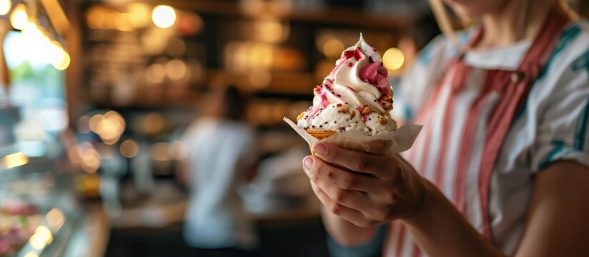 Seller in makes contactless payment for a client in the ice cream shop close up. Copy space image. Place for adding text