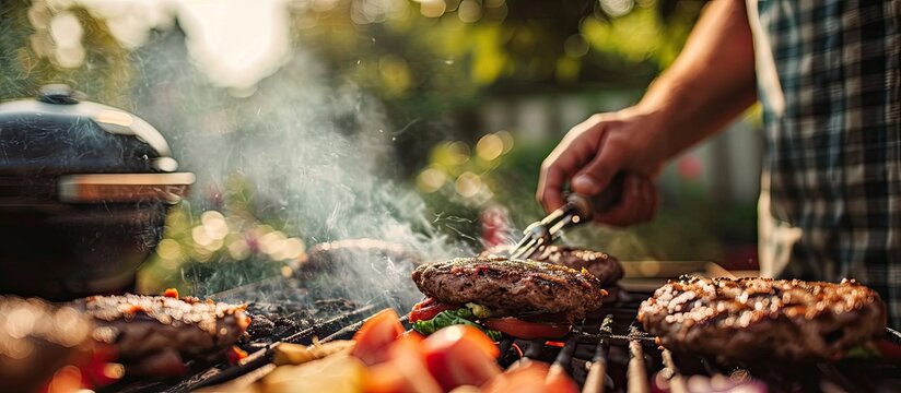 a man puts burger buns on the grill of a gas grill A gas grill is installed in the backyard of the household interesting pastime with family and friends. Copy space image. Place for adding text