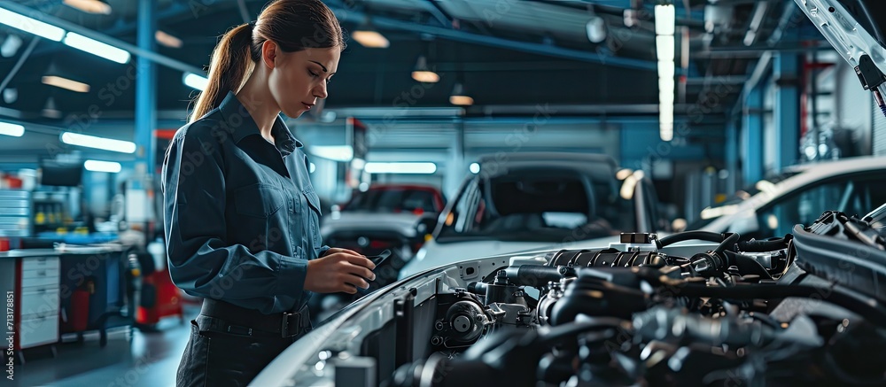 Poster manager checks data on a tablet and explains an engine breakdown to an empowering female mechanic ca
