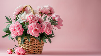 Obraz na płótnie Canvas Blossoming Affection. A charming arrangement of peonies in a wicker basket, perfect for expressing love on Valentine's Day or appreciation on Mother's Day