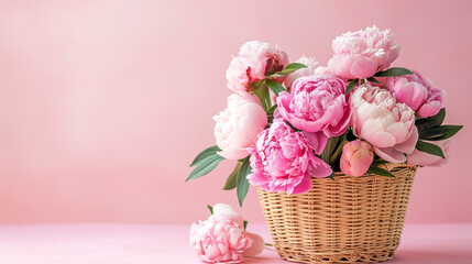 Blossoming Affection. A charming arrangement of peonies in a wicker basket, perfect for expressing love on Valentine's Day or appreciation on Mother's Day