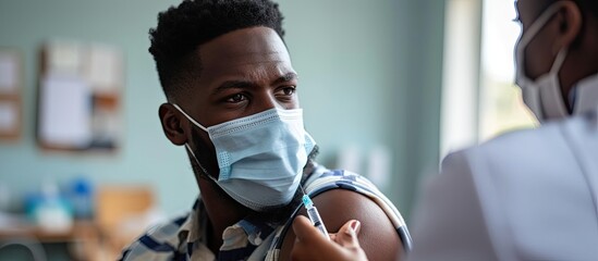 Medical doctor or nurse giving coronavirus vaccine shot to African American male patient at clinic Young black man in face mask getting covid 19 vaccine participating in immunization campaign - obrazy, fototapety, plakaty