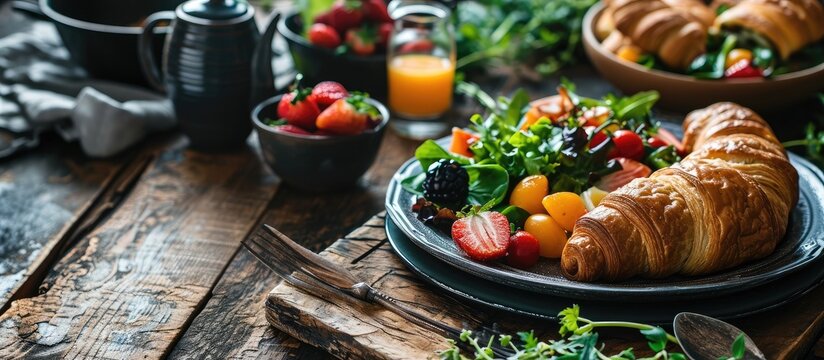 Breakfast in a box to go from closed restaurant due corona virus lockdown Fresh bagels croissants berries salad and vegetables for romantic lunch Food to go for a picnic. Copy space image