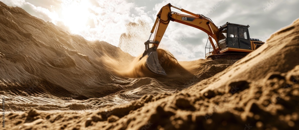 Poster excavator working on sand dunes. copy space image. place for adding text