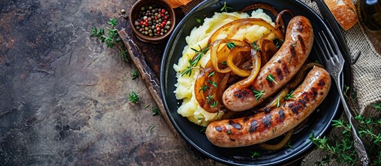 Sausages with fried onions and mashed potatoes. Copy space image. Place for adding text - obrazy, fototapety, plakaty