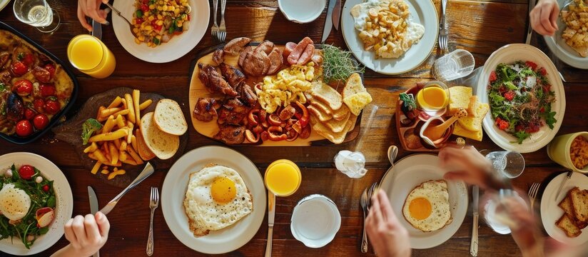 Breakfast on the terrace top view Family eating breakfast at the table top view Fried eggs in a skillet on a large table filled with food Fried eggs in a skillet for breakfast for a large famil - Powered by Adobe