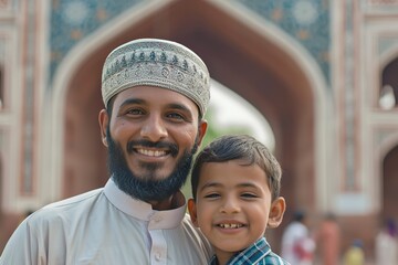 Muslim father and son smiling to camera in front of mosque