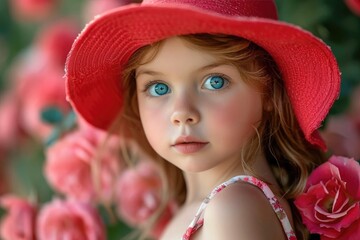 Pretty girl wearing a stylish red hat and a floral dress, with summer garden background