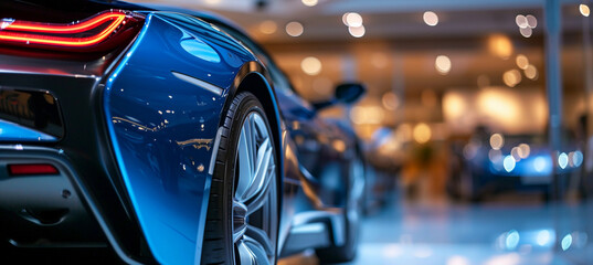 Blue luxury car at a dealership - obrazy, fototapety, plakaty