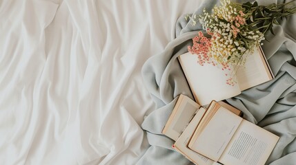 Open Book and Flower on Bed, A Simple Composition Mockup for Book Day 2024