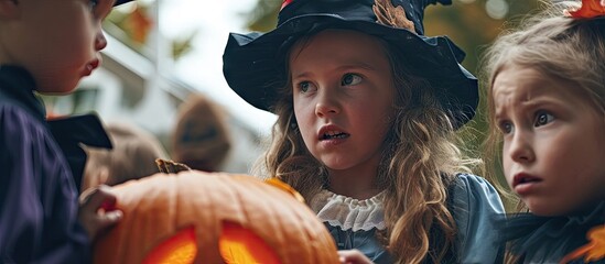 Children trying to scare their female teacher and take her pumpkin at a Halloween school party Group of kids dressed up in spooky costumes playing a trick on an adult woman who refuses to give - obrazy, fototapety, plakaty