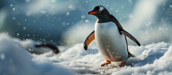 Fototapeta premium Gentoo penguin sliding over snow on belly. Copy space image. Place for adding text