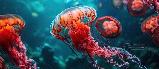 Beautiful Bright Red Comb Jellyfish in Deep Dark Blue Water. Copy space image. Place for adding text