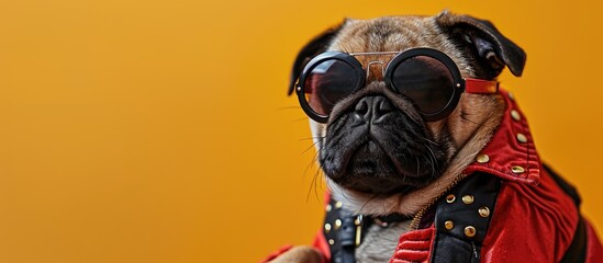 Pug in rock band costume. Copy space image. Place for adding text - obrazy, fototapety, plakaty