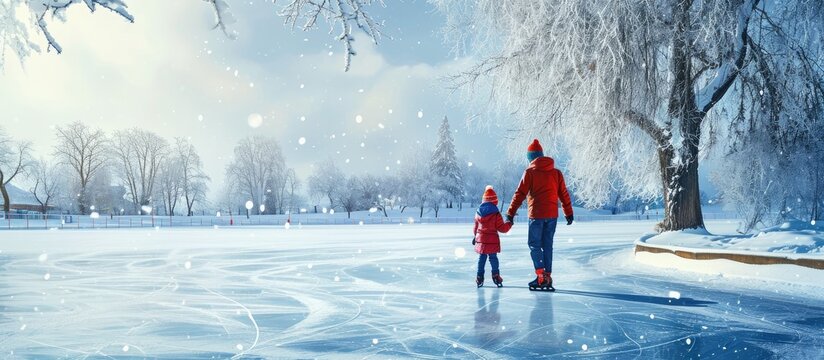A family playing at the skating rink in winter. Copy space image. Place for adding text