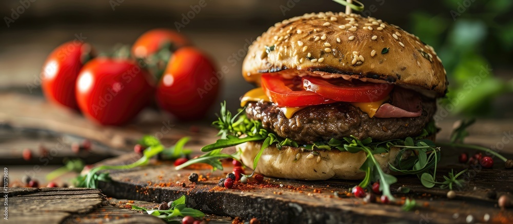 Poster burger with beef tomato and herbs ai generative. copy space image. place for adding text