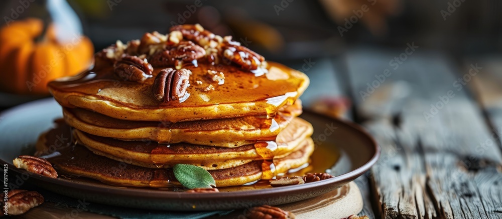 Poster stack of homemade pumpkin pancakes with pecans and maple syrup selective focus. copy space image. pl