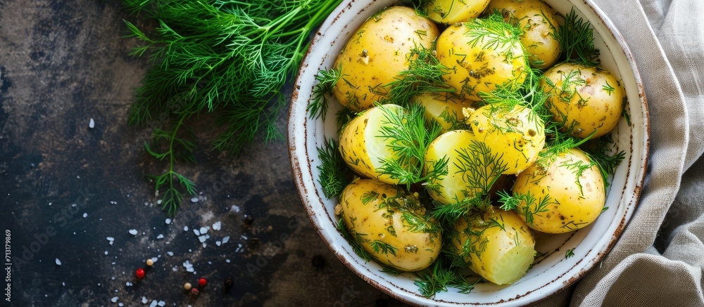 Poster boiled new potatoes seasoned with dill and butter top view. copy space image. place for adding text