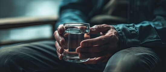Just one pill can help Handsome young man holding a glass of water and looking at a pill in his hand while sitting on the couch at home. Copy space image. Place for adding text