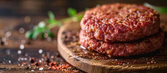 Round ground beef portioned beef patty made from beef mince on a wooden board Hamburger meat seasoned and ready for a barbecue Spices and condiments for a grill Homemade burger recipe Prepared - obrazy, fototapety, plakaty