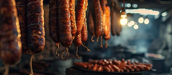 Fotobehang Rroduction of sausage products Sausages in the factory storage Dried sausage hanging on a rope on a metal frame in the smoke house Sucuk sausage. Copy space image. Place for adding text © Ilgun