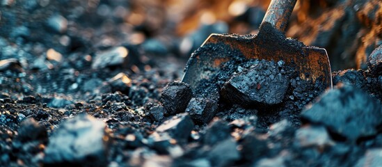 Mining Large chunks of coal are shoveled with a shovel mineral fuel for home stoves and boilers. Copy space image. Place for adding text